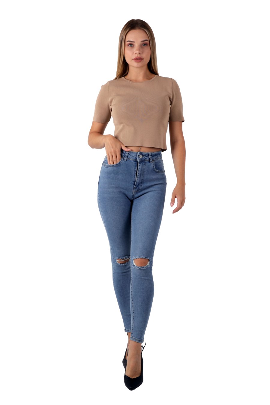 Mavi Renk Dar Paça Diz Yırtık Yüksek Bel Jeans - Mavi