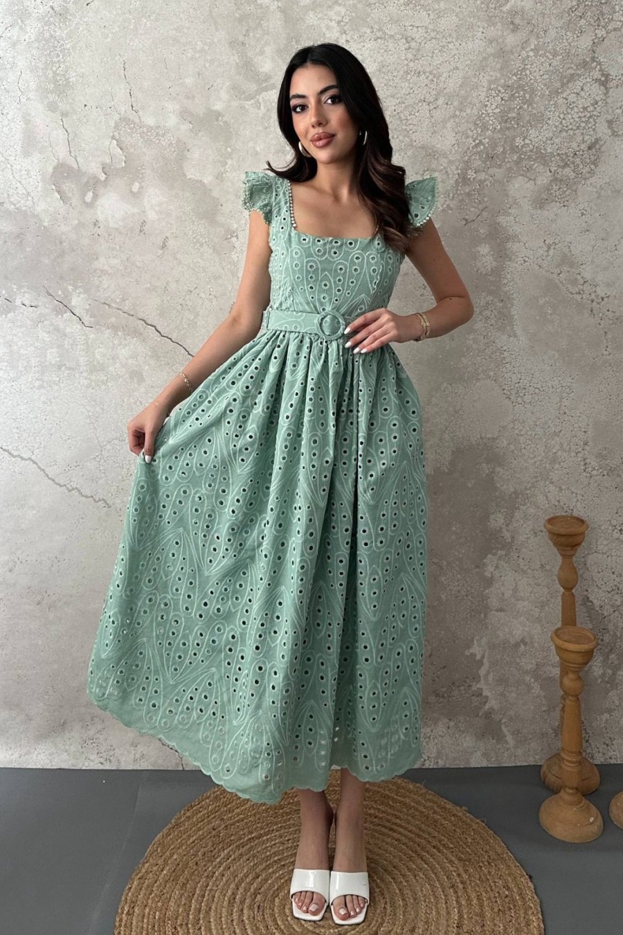 Mint Dantelli Brode Elbise - Yeni Sezon