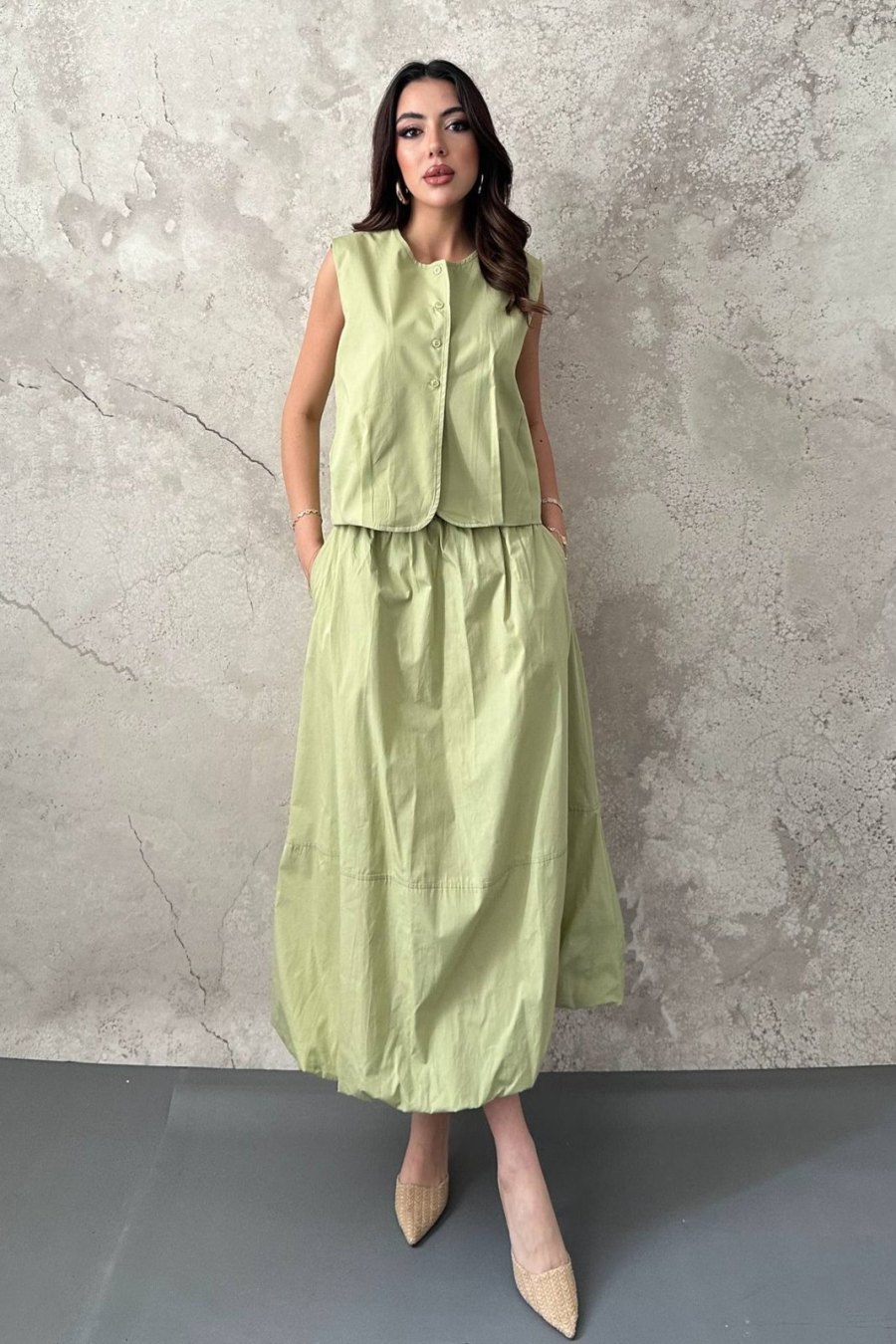 Olive Poplin Yelek Etek Takım - Yeni Sezon