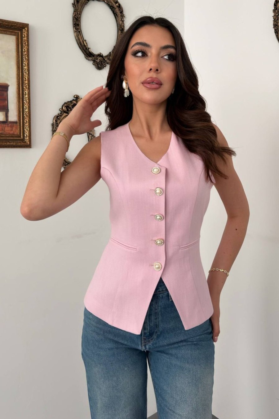 Pembe Belden Oturtmalı Fleto Detaylı Yelek - Yeni Sezon