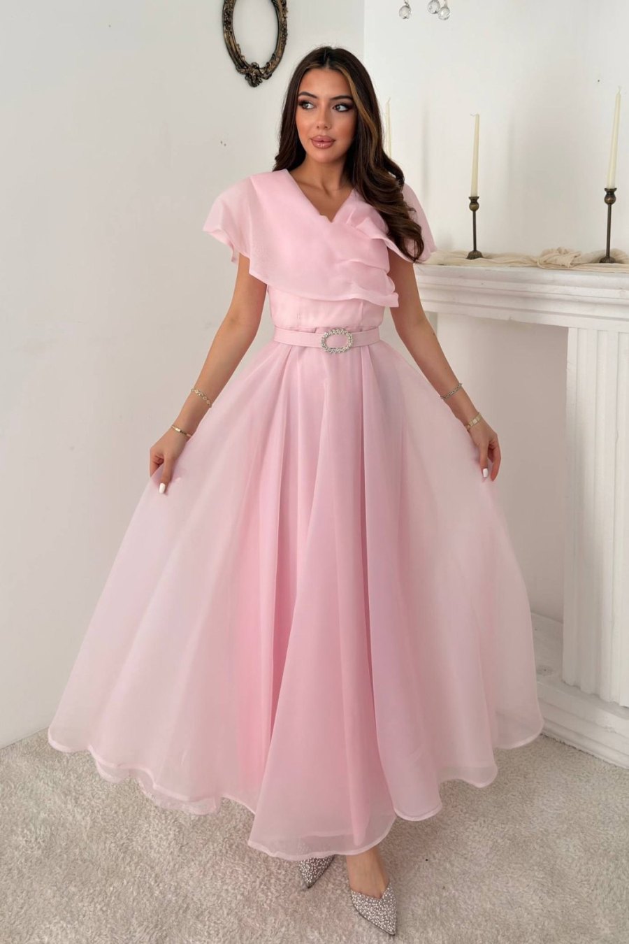 Pembe Pelerin Detaylı Organze Elbise - Yeni Sezon