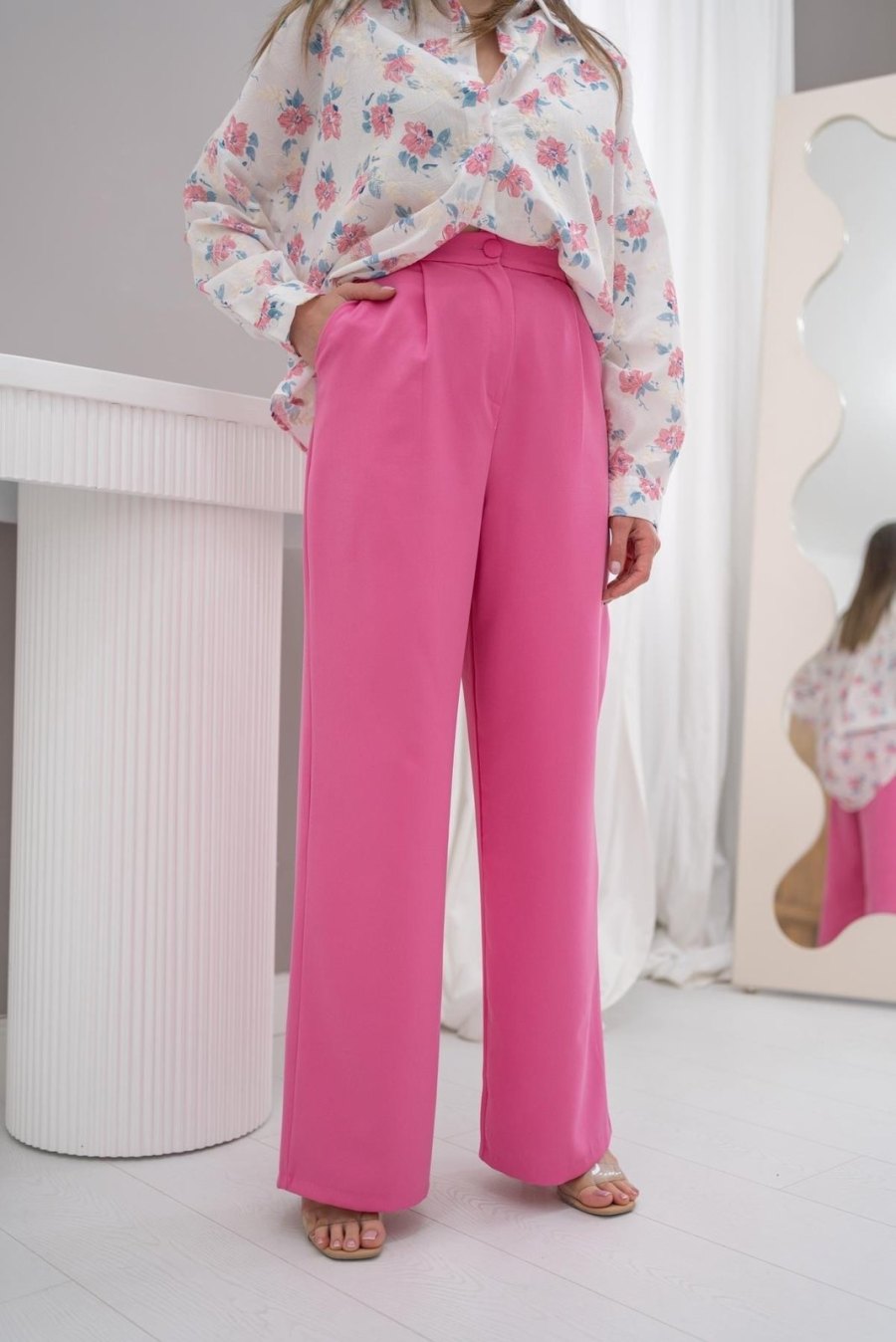 Pembe Yüksek Bel Wide Leg Pantolon - Yeni Sezon