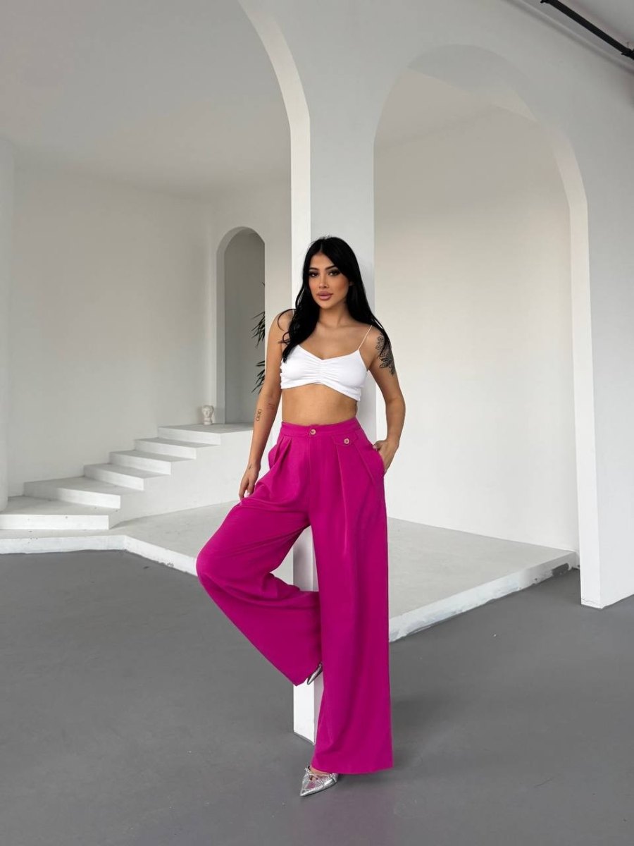 Yüksek Bel Bol Paça Dökümlü Kumaş Pantolon-Pembe - Pembe