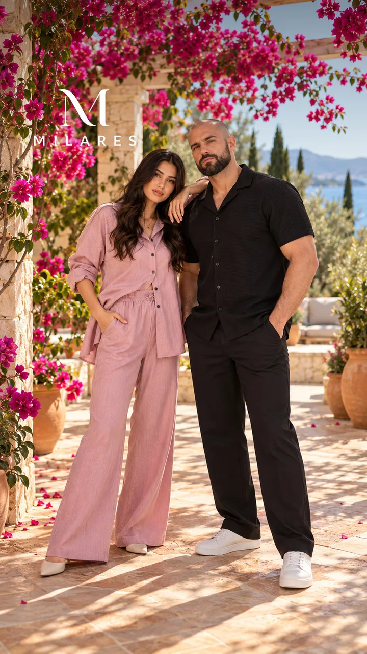 Begonvilli pergola altında toz pembe takım ve siyah waffle gömlek