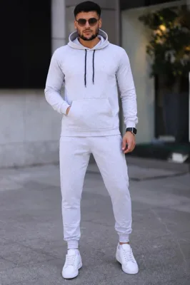 Erkek İki İplik Kapüşonlu Sweatshirt Jogger Eşofman Takımı – Gri