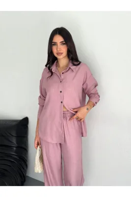 Kadın Gömlek Pantolon İkili Takım – Toz Pembe